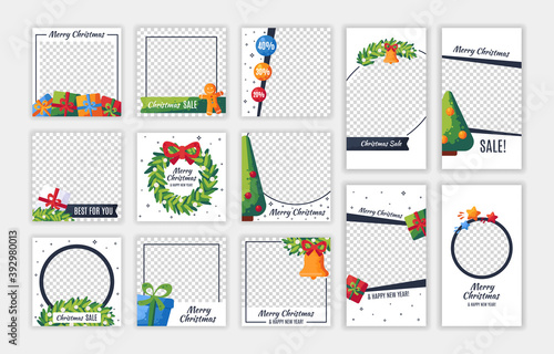 Christmas and New year posts and stories template set for social media. Design backgrounds for instagram, blog, vector illustration