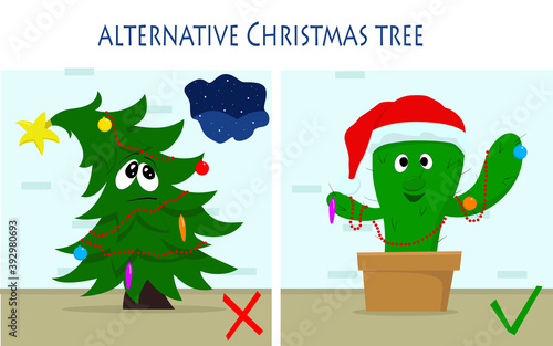 Happy smiling cactus in Santa Claus hat and sad Christmas tree. Green Christmas tree. Eco friendly lifestyle