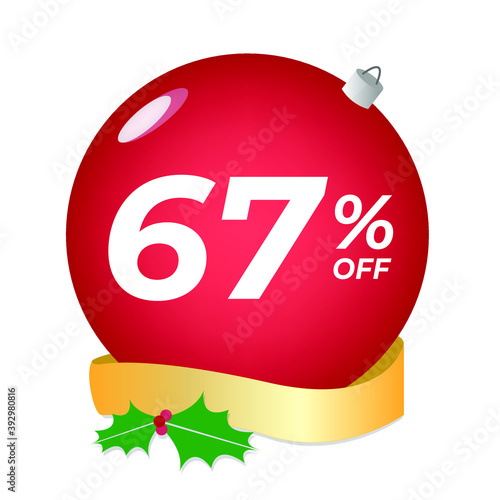 67% off. Sixty-seven percent discount. Christmas sale banner. Red bubble with ornaments on a white background vector.