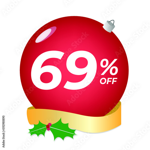 69% off. Sixty-nine percent discount. Christmas sale banner. Red bubble with ornaments on a white background vector.