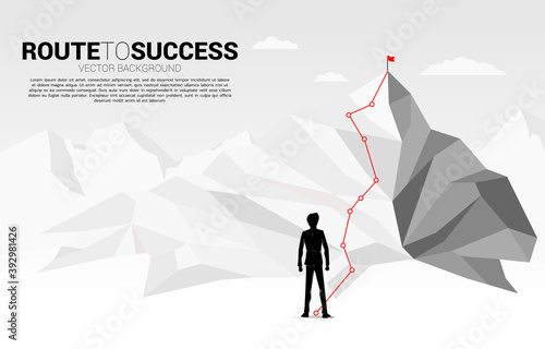 Businessman and Route to the top of mountain: Concept of Goal, Mission, Vision, Career path, Vector concept Polygon dot connect line style
