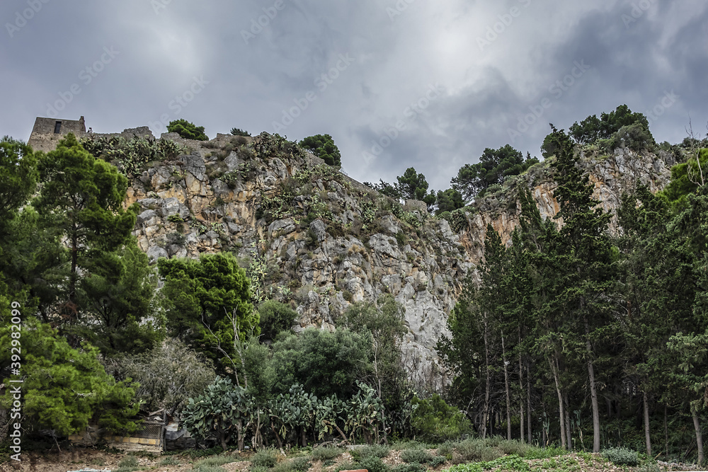 Wonderful scenery of the Rocca Mountain. La Rocca Mountain dominates the silhouette of Cefalu. Province of Palermo, Cefalu, Sicily, Italy. Wonderful scenery of the Rocca Mountain. La Rocca Mountain dominates the silhouette of Cefalu. Province of Palermo, Cefalu, Sicily, Italy.