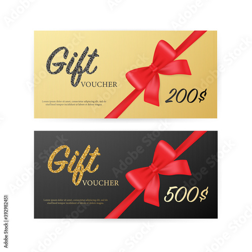 Greeting card. Vintage Coupon ticket card. ribbon banner with golden gift voucher on gold background for concept design. Vector design template. Gift voucher.