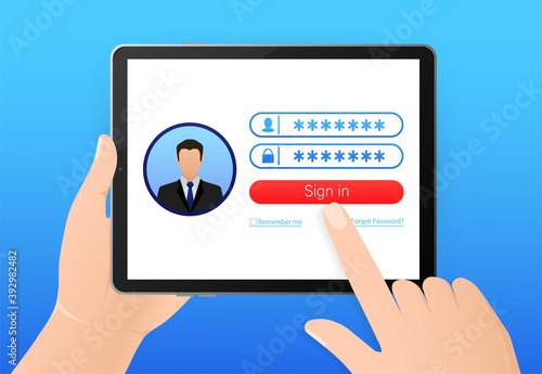 Log in tablet hands, great design for any purposes. Vector illustration flat design. Laptop screen. Phone icon vector. Cartoon button with log in tablet hands.