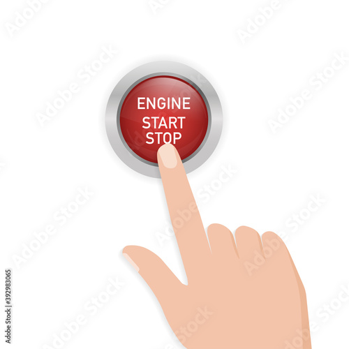 Abstract illustration with red engine start button on white background. Isolated vector icon. Isolated white background. Symbol, sign. Finger touching red button.