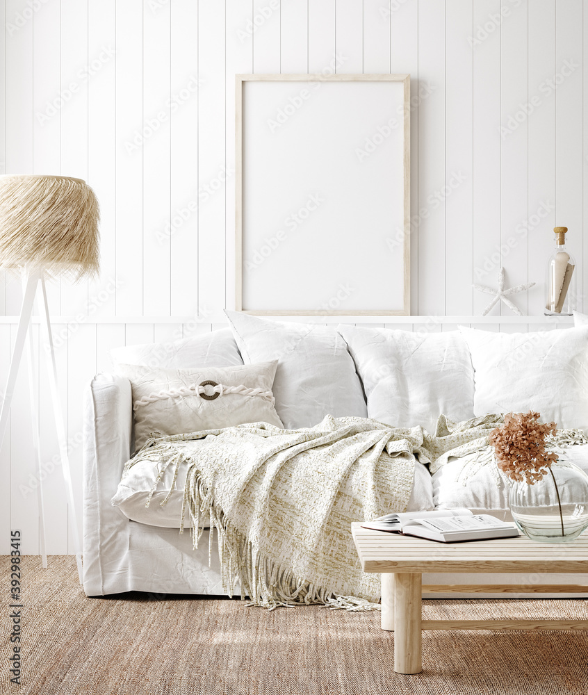 Mock up frame in cozy home interior background, coastal style living room,  3d render Stock Illustration | Adobe Stock