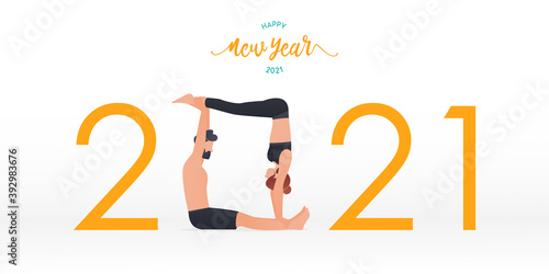 Happy New Year 2021 banner with yoga poses or asana posture. Year of good health. Banner design template for New Year 2021 decoration in Yoga Concept. 