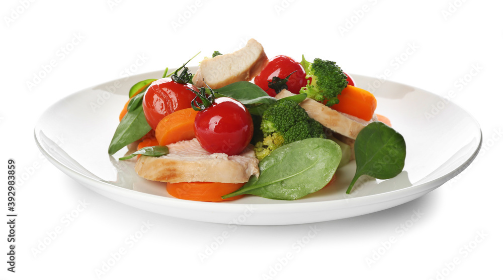 Delicious salad with chicken, vegetables and spinach isolated on white