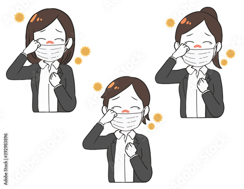 花粉症で目がとてもかゆいOL　上半身　マスク
