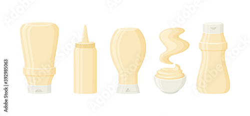 Mayonnaise sauce vector bottles  jar  bowl and stain. 3d cartoon mayo packaging  mock up. Condiment mayonnaise container icon set. Food illustration on white background