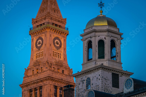 Faneuil Hall and the nearby clock tower in Boston