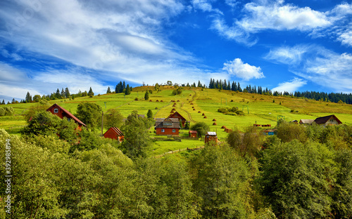 Summer landscape  rural houses on the slope of green mountains  against the background of a blue sky with clouds  trees and fir trees