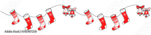 Seamless pattern Christmas socks. Continuous Line trendy style. Horizontal narrow banner with Christmas socks. Vector elements stocking for your Christmas and NewYear projects.