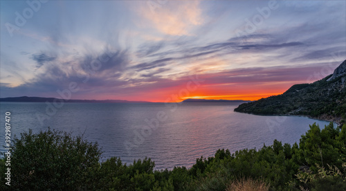 Panoramic view on beautiful sunset seen from Drasnice village in Croatia. September 2020