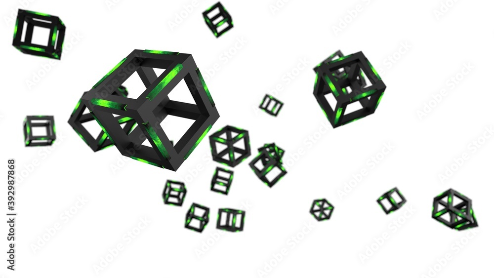 Green illuminated Hot Iron Cube under white background. Blockchain network technology concept illustration. 3D illustration. 3D high quality rendering. 3D CG. Green illuminated Hot Iron Cube under white background. Blockchain network technology concept illustration. 3D illustration. 3D high quality rendering. 3D CG.