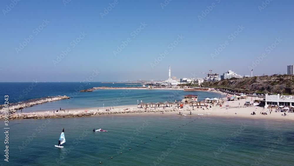 Wide aerial, crowded beach along Dead Sea Wide aerial, crowded beach along Dead Sea