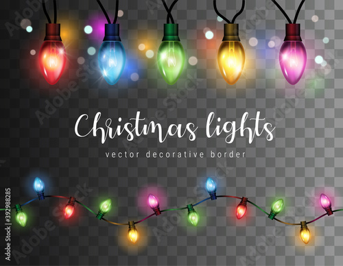 Vector realistic glowing colorful christmas lights in seamless pattern and individual hanging light bulbs isolated on dark background