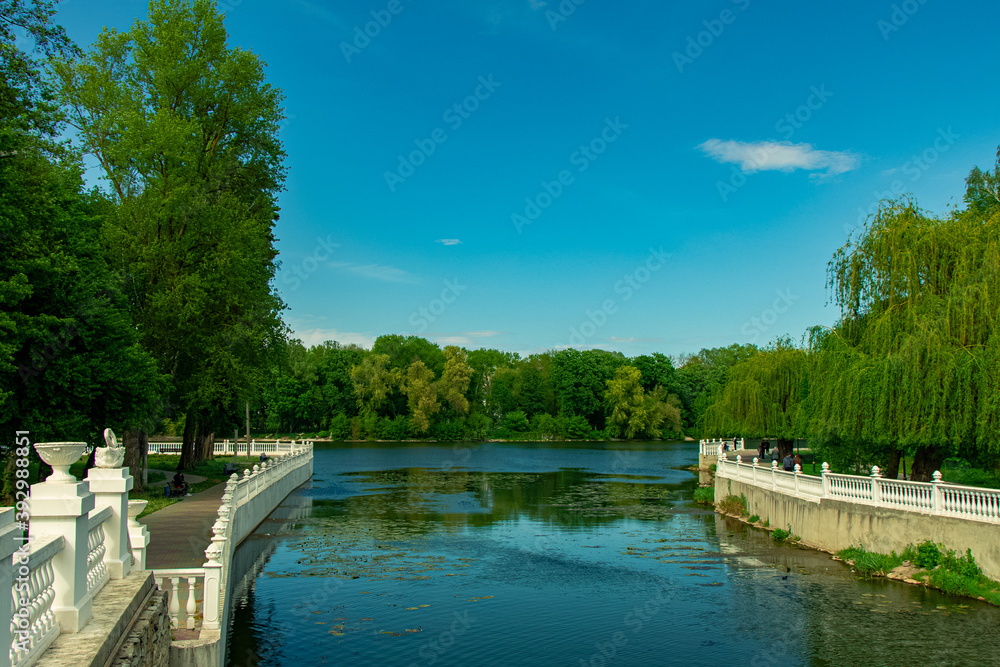 clear weather day urban park outdoor landscape scenic view city waterfront walking side of river in spring season