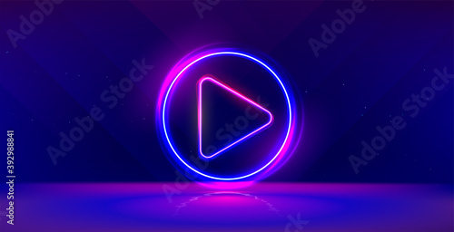 Wide gaming background with glowing play button. Press to play. Start button. photo