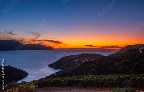 Dramatic evening seascape of Adriatic sea. Wonderful seascape with Rizman vineyard on foreground, Kremena village location, Croatia, Europe. Beautiful world of Mediterranean countries.