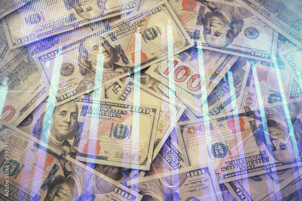 Multi exposure of forex chart drawing over us dollars bill background. Concept of financial success markets. Multi exposure of forex chart drawing over us dollars bill background. Concept of financial success markets.
