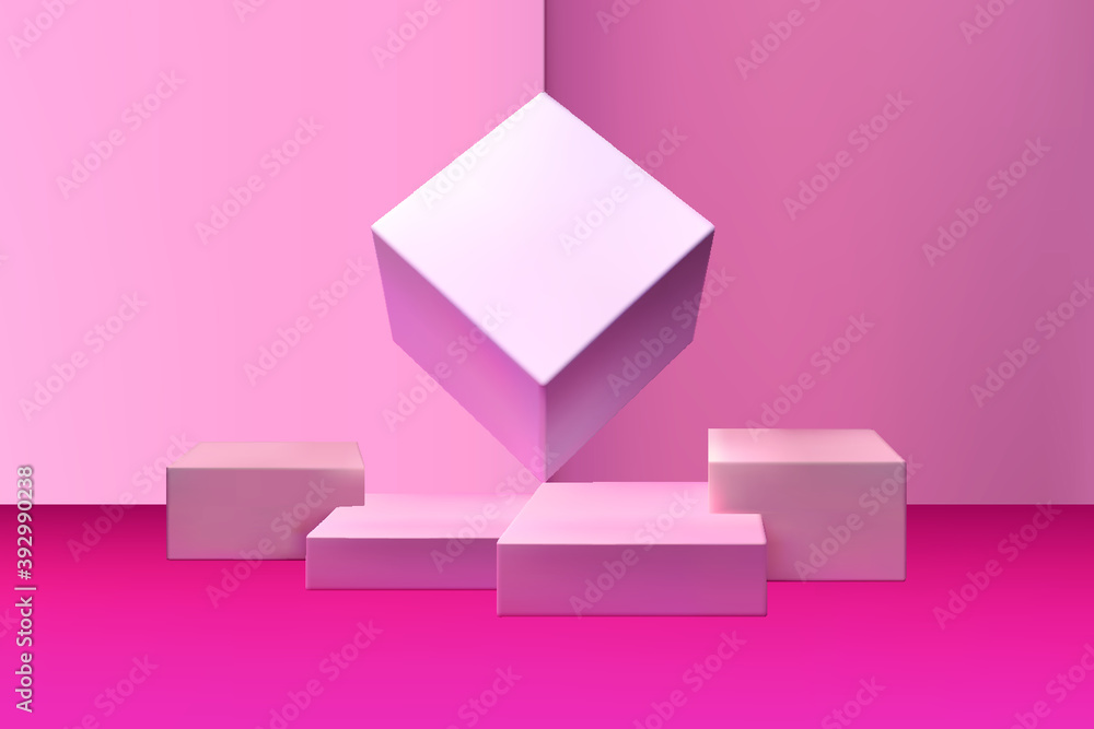 Vector 3d background with geometric shapes in pastel pink and gold color. Pastel realistic background. Abstract wallpaper. Still life. Product background. Minimal style.