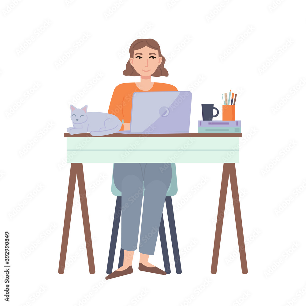 Girl workng at home. distance learning. Home office, freelance, lockdown, remote work,online education,quarantine concept. Stock vector illustration in flat cartoon style isolated on white background. Girl workng at home. distance learning. Home office, freelance, lockdown, remote work,online education,quarantine concept. Stock vector illustration in flat cartoon style isolated on white background.