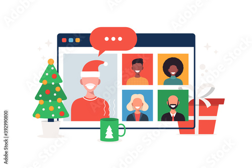 Christmas new normal. people meeting online together with family or friends video calling on browser window in internet. Merry and Safe Christmas flat vector illustration