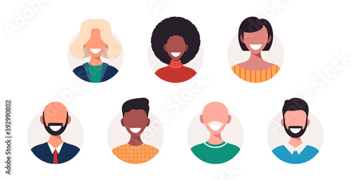 Set of avatars of happy people of different races and age. Portraits of men and women. Vector illustration in cartoon style.