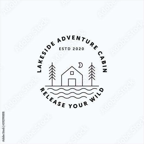 Minimalist line art vector of vintage lakeside cabin, pine tree and moon fit for cabin rental company logo, sticker, and badge
