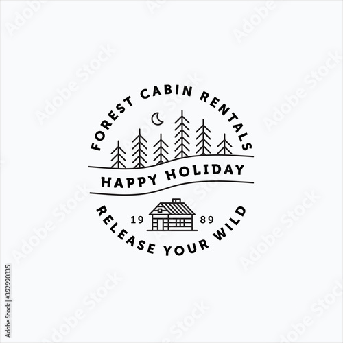 Line art vector of vintage log cabin and minimalist moon above pine forest good for cabin rental company logo, sticker and badge