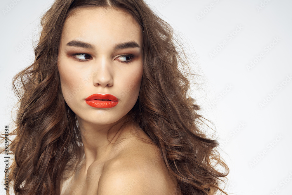 Elegant woman with bare shoulders red lips glamor attractive look cropped look Elegant woman with bare shoulders red lips glamor attractive look cropped look