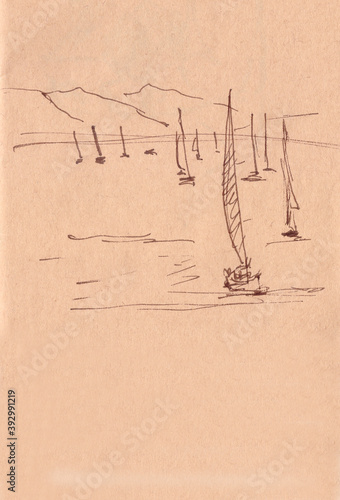 Wallpaper Mural Sailing yachts during regatta, graphic drawing on textured brown background Torontodigital.ca