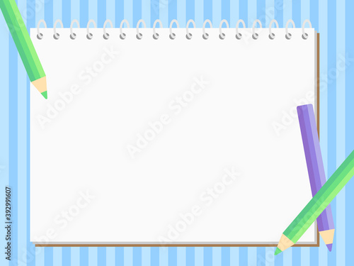 Background illustration of a sketchbook and color pencils. Vector illustration.