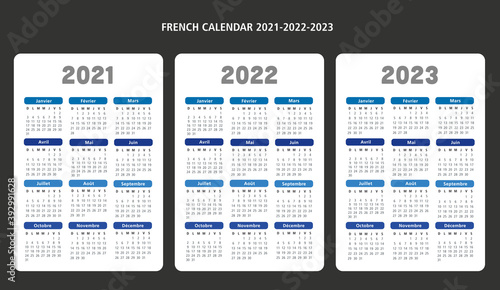 French language calendar years 2021-2022-2023 dates vector template