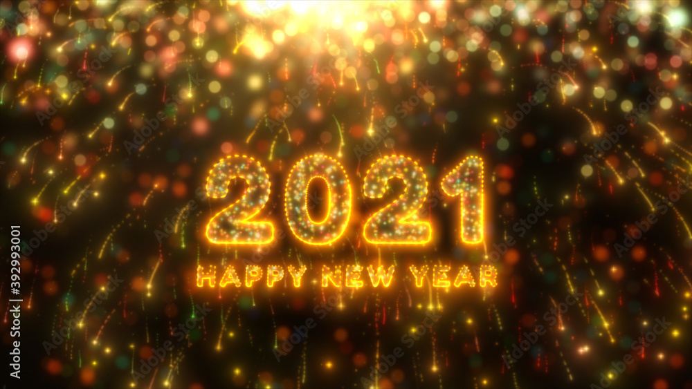 Beautiful Fireworks and bokeh of 2021 Happy New Year greeting text with particles and sparks. Holiday and celebration background concept. Beautiful Fireworks and bokeh of 2021 Happy New Year greeting text with particles and sparks. Holiday and celebration background concept.