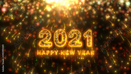 Beautiful Fireworks and bokeh of 2021 Happy New Year greeting text with particles and sparks. Holiday and celebration background concept.