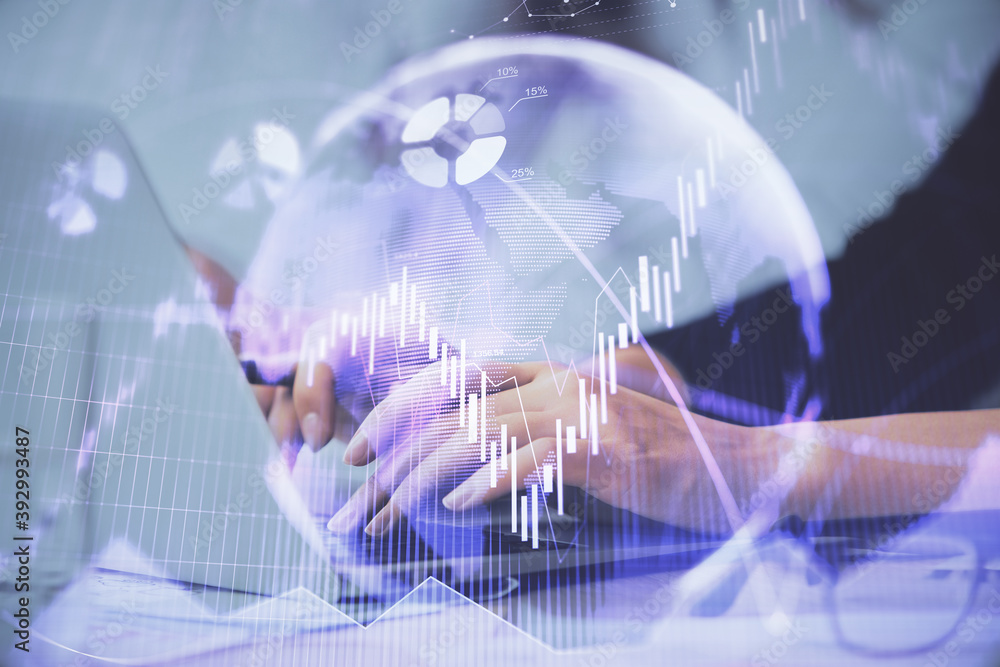 Multi exposure of woman hands typing on computer and financial graph hologram drawing. Stock market analysis concept. Multi exposure of woman hands typing on computer and financial graph hologram drawing. Stock market analysis concept.