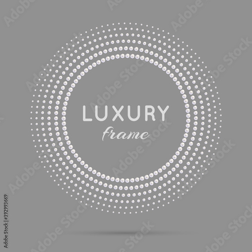 Circle pearl dot frame. Circular pearls border with effect halftone. Modern faded ring. Semitone shape round. Point perl sphere boarder. Beauty pattern. Graphic dots element for design prints. Vector