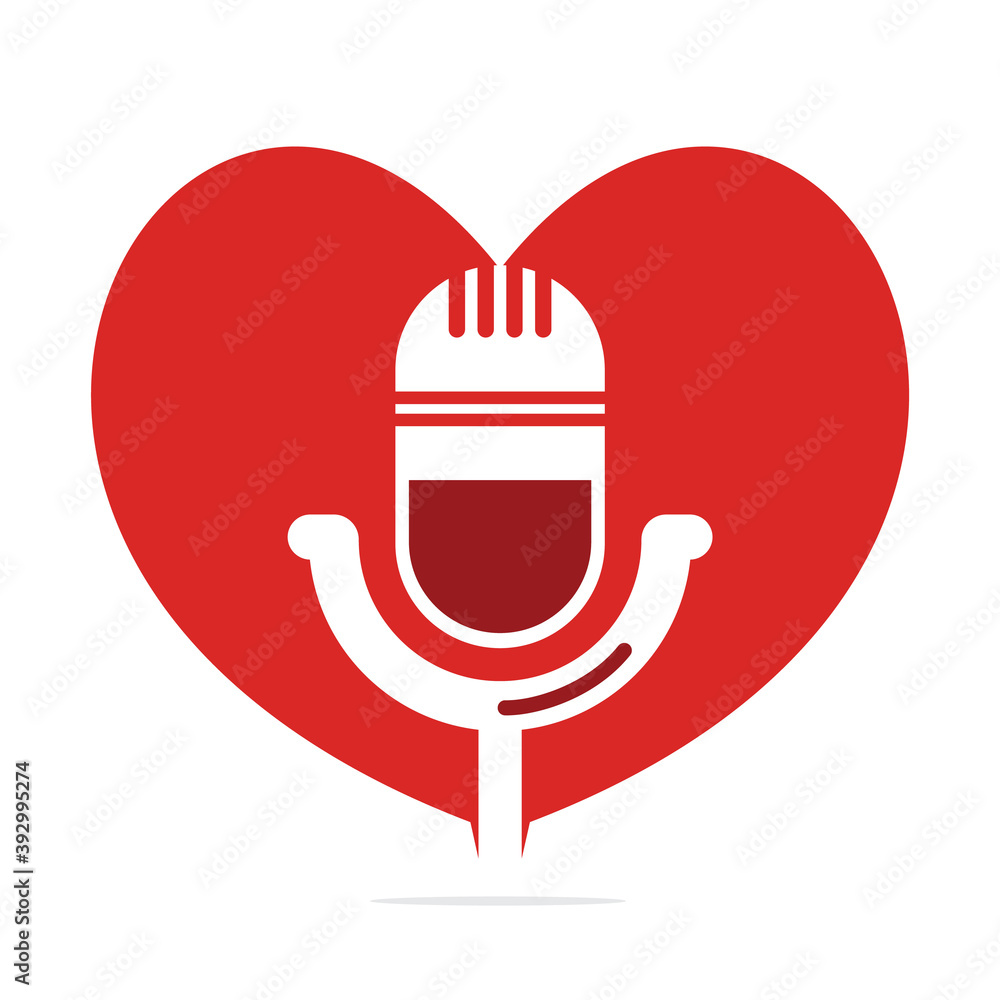 Love Podcast logo design. Studio table microphone with broadcast icon design. Love Podcast logo design. Studio table microphone with broadcast icon design.