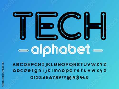 Vector of circuit board line dots alphabet design with uppercase, lowercase, numbers and symbols