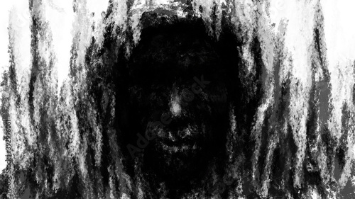 Hellish demon face in hood. Black and white background. Illustration in genre of horror. Spooky nightmares image. Gloomy character concept art. Fantasy drawing for Halloween. Coal and noise effects.
