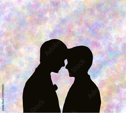 Young happy smiling cheerful gay couple men boys guys grooms cartoon characters stand together kissing. Celebration of homosexual marriage on bokeh rainbow background.