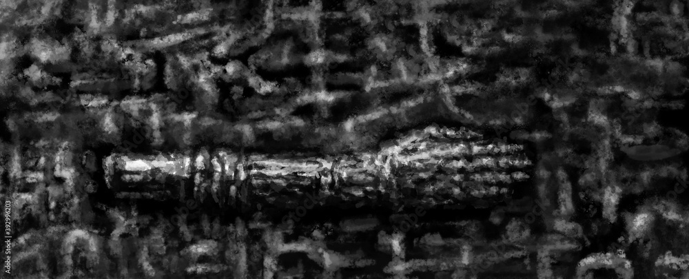 Fototapeta premium Bronze hand on a patterned background. Illustration in horror genre with coal and noise effect. Black and white background colors.