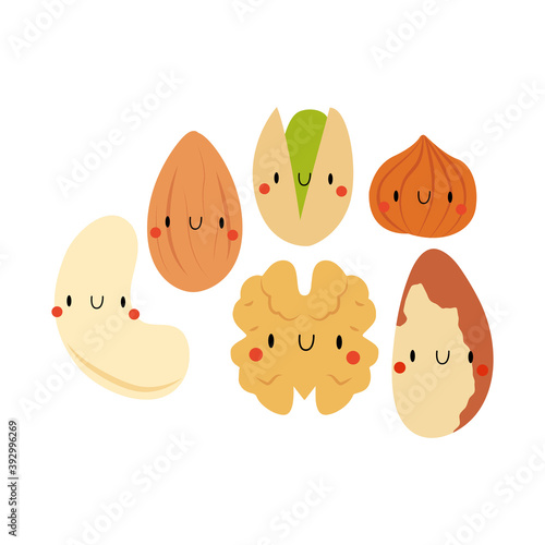 Kawaii Cartoon Brazilian nut, Pistachio, Almond