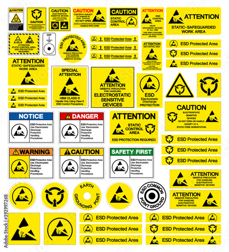 Set Of Electrostatic Sensitive Device (ESD) Collection Symbol Sign, Vector Illustration, Isolated On White Background Label .EPS10