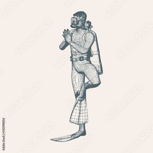 Silhouette of diver. The concept of sport diving. Vintage engraved illustration