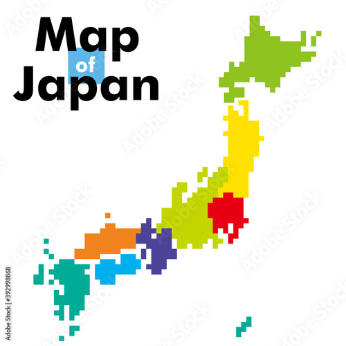 単純化四角形ブロックキューブで構成された地域別日本地図日本列島のイラスト　ベクターデータ