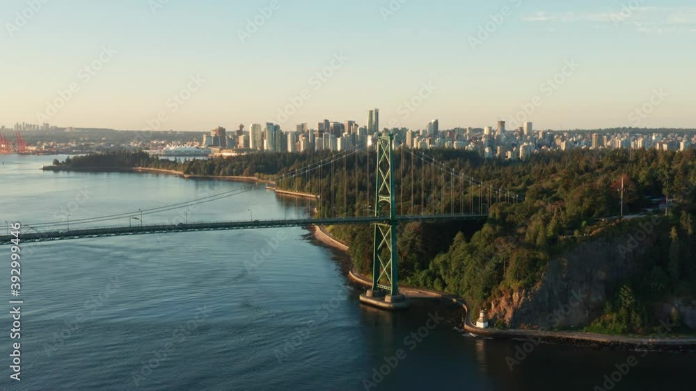 Beautiful Cinematic Shot of the Lions Gate Bridge during Sunset Moving from Side to Side in Vancouver Canada Beautiful Cinematic Shot of the Lions Gate Bridge during Sunset Moving from Side to Side in Vancouver Canada