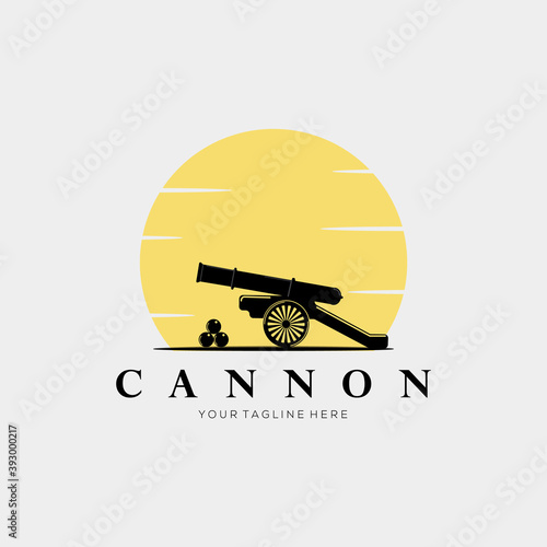 sunset, cannon, and cannonball vintage logo vector illustration design